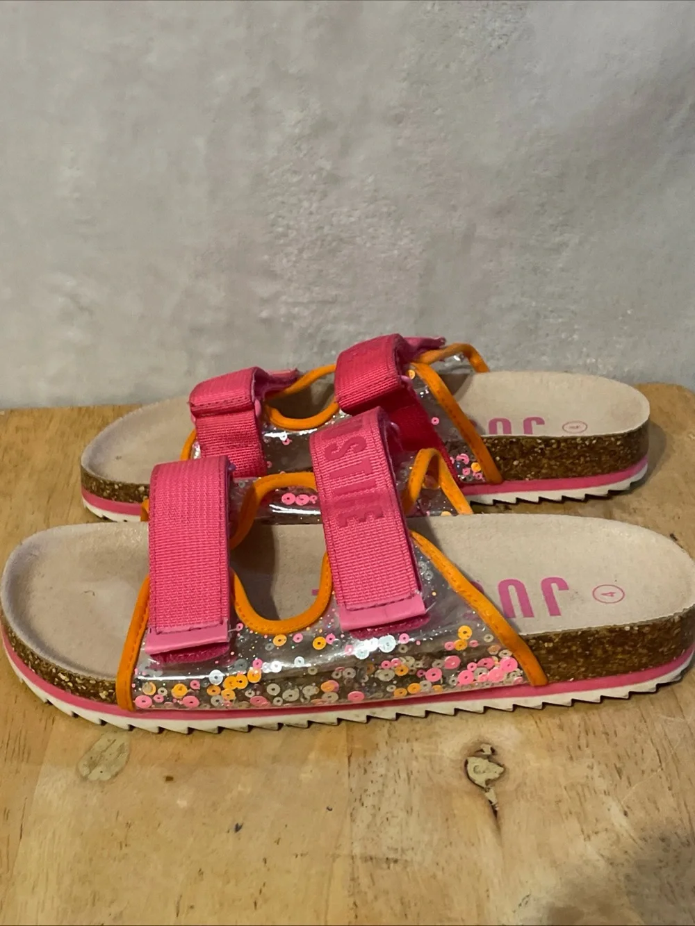 Justice Pink Sequin Strap Sandals with Orange Trim